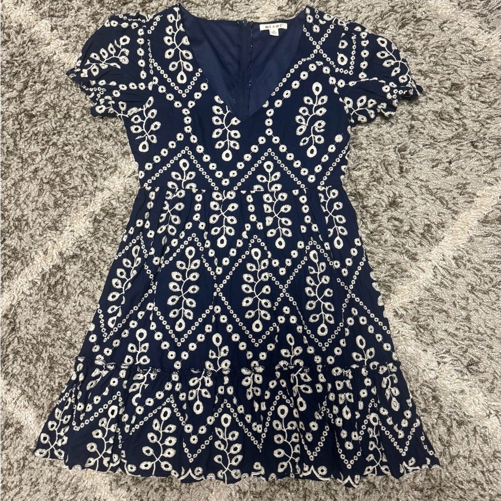 Navy and White Embroidered Dress